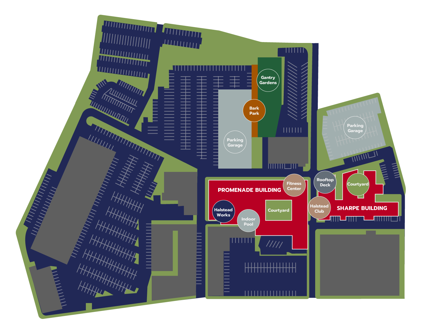 Blue and green site map of the Halstead Providence apartments
