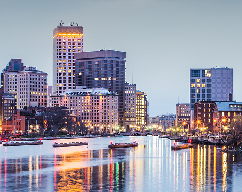riverside view of the city of providence rhode island at dusk